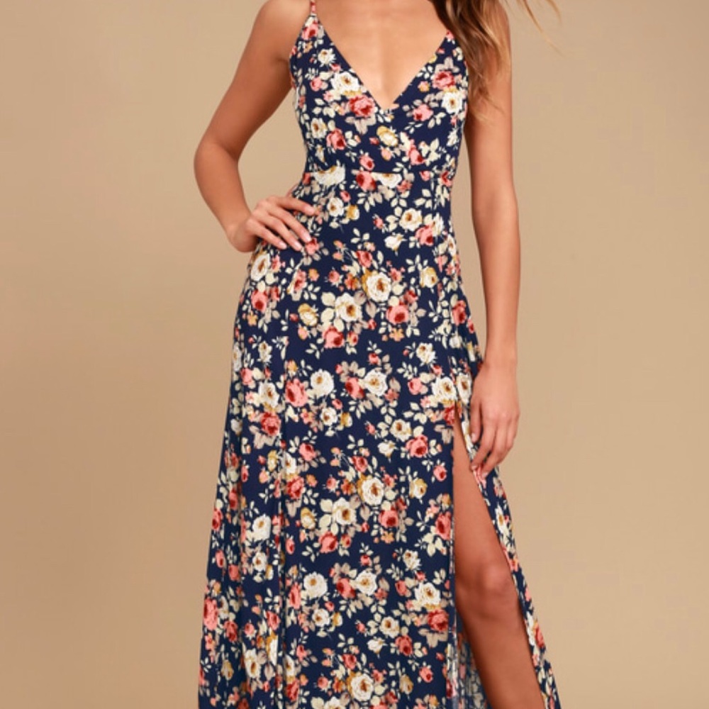 Navy Blue Floral Print Dress